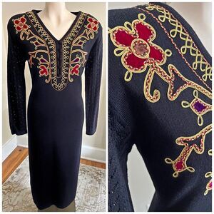 VINTAGE 90's Black Floral Embroidered Maxi sweater dress crochet velvet applique
